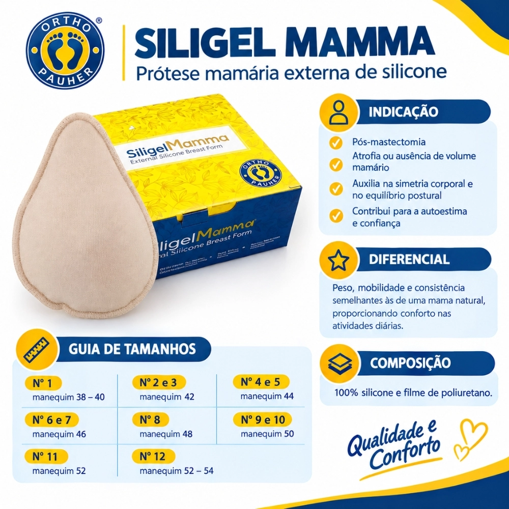 Prótese Mamária Externa de Silicone em Formato de Gota Ortho Pauher, indicada para uso pós-mastectomia, proporcionando adaptação ao corpo, conforto e equilíbrio estético para o dia a dia.