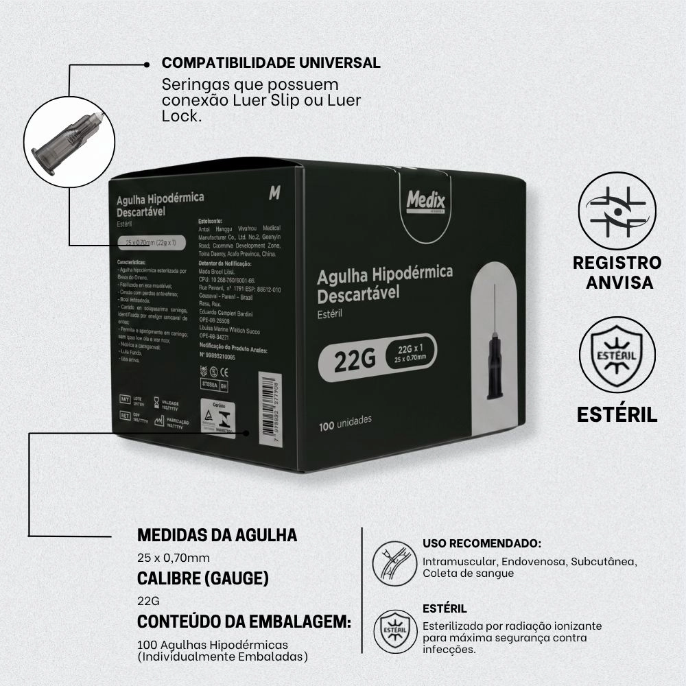 Agulha Hipodérmica Estéril 30 x 0,70 mm 22G Preto Medix