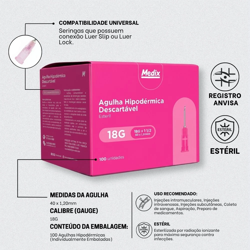 Agulha Hipodérmica Esteril 40 x ,20 mm 18G Rosa Medix