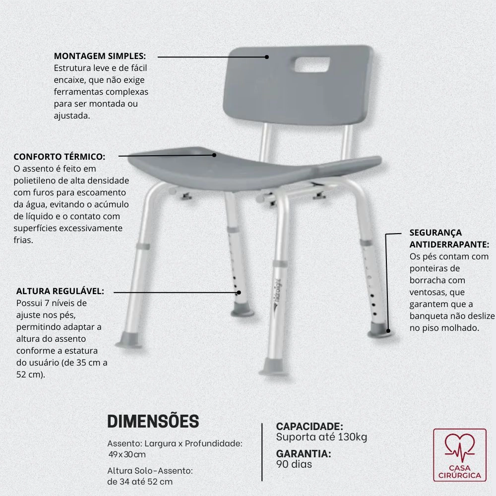 Banqueta para Banho com Encosto SC201 Hidrolight - 130kg