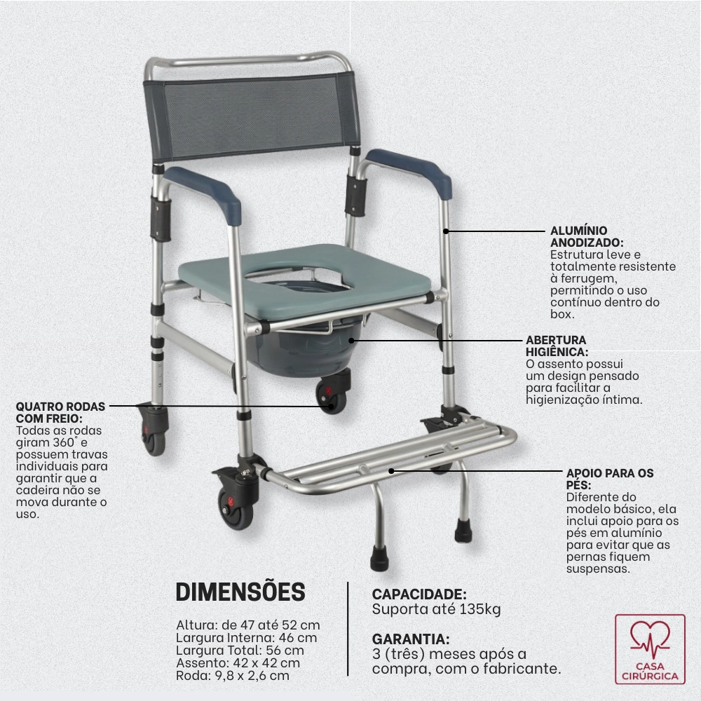 Cadeira de banho higiênica Hidrolight SC101 em alumínio, com rodas, freios e assento para até 135kg.