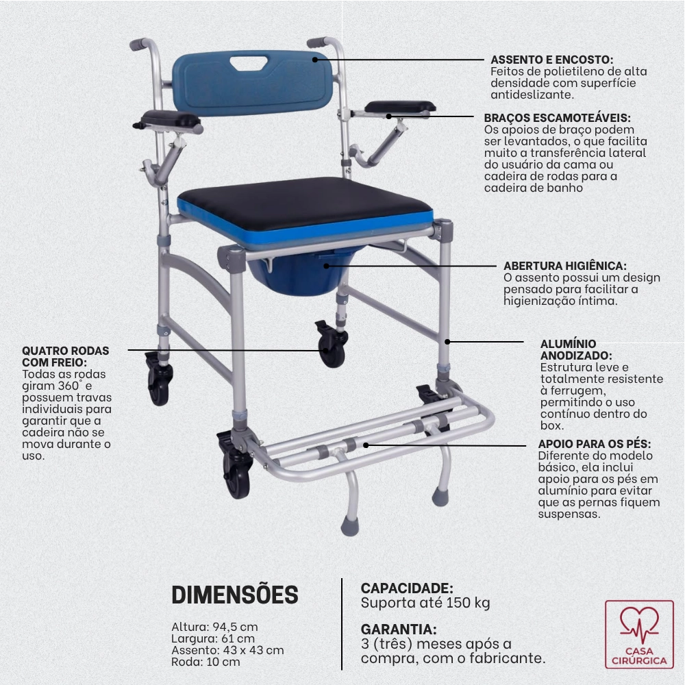 Cadeira de banho em alumínio branca Hidrolight SC102 com quatro rodas e balde coletor