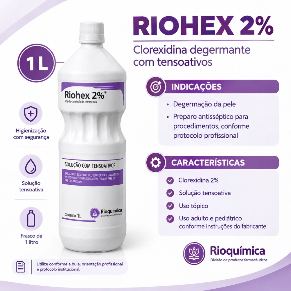 Clorexidina 2% Degermante Tensoativo 1L Rioquímica, solução antisséptica indicada para degermação da pele e higienização das mãos de profissionais da saúde, auxiliando na redução da flora microbiana antes de procedimentos clínicos e cirúrgicos.