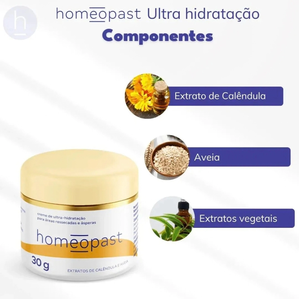 Creme Ultra Hidratante Homeopast 30g, ideal para hidratação intensiva e cuidados diários com a pele, ajudando a manter a pele macia, protegida e bem hidratada.