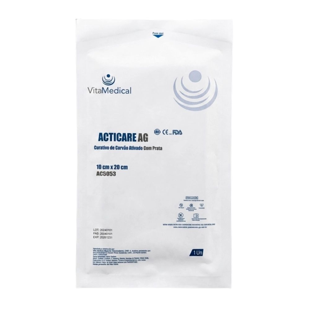 Curativo de Carvão Ativado Com Prata 10CMX20CM AG Vitamedical
