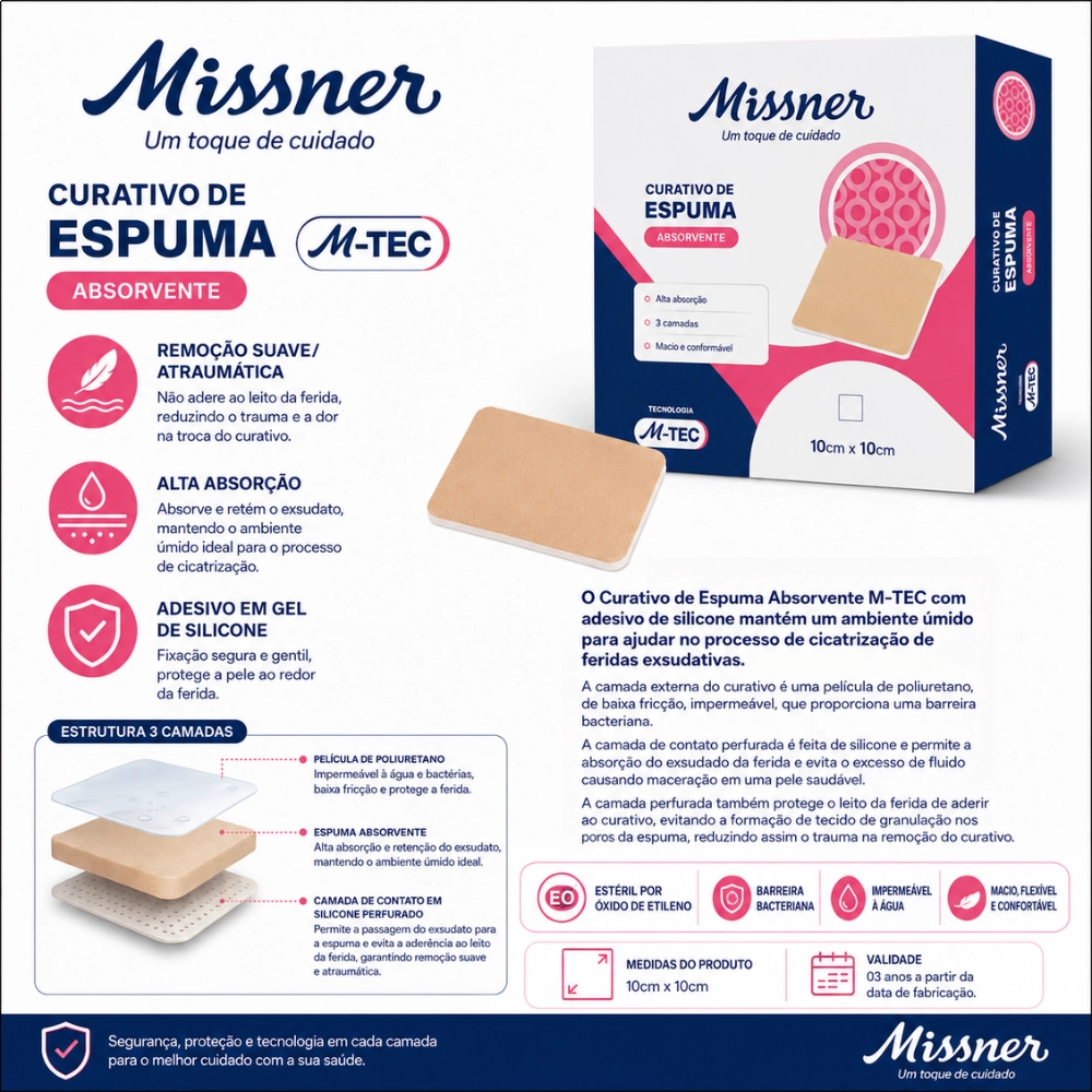 Curativo de Espuma Absorvente com Silicone 10x10cm - Missner