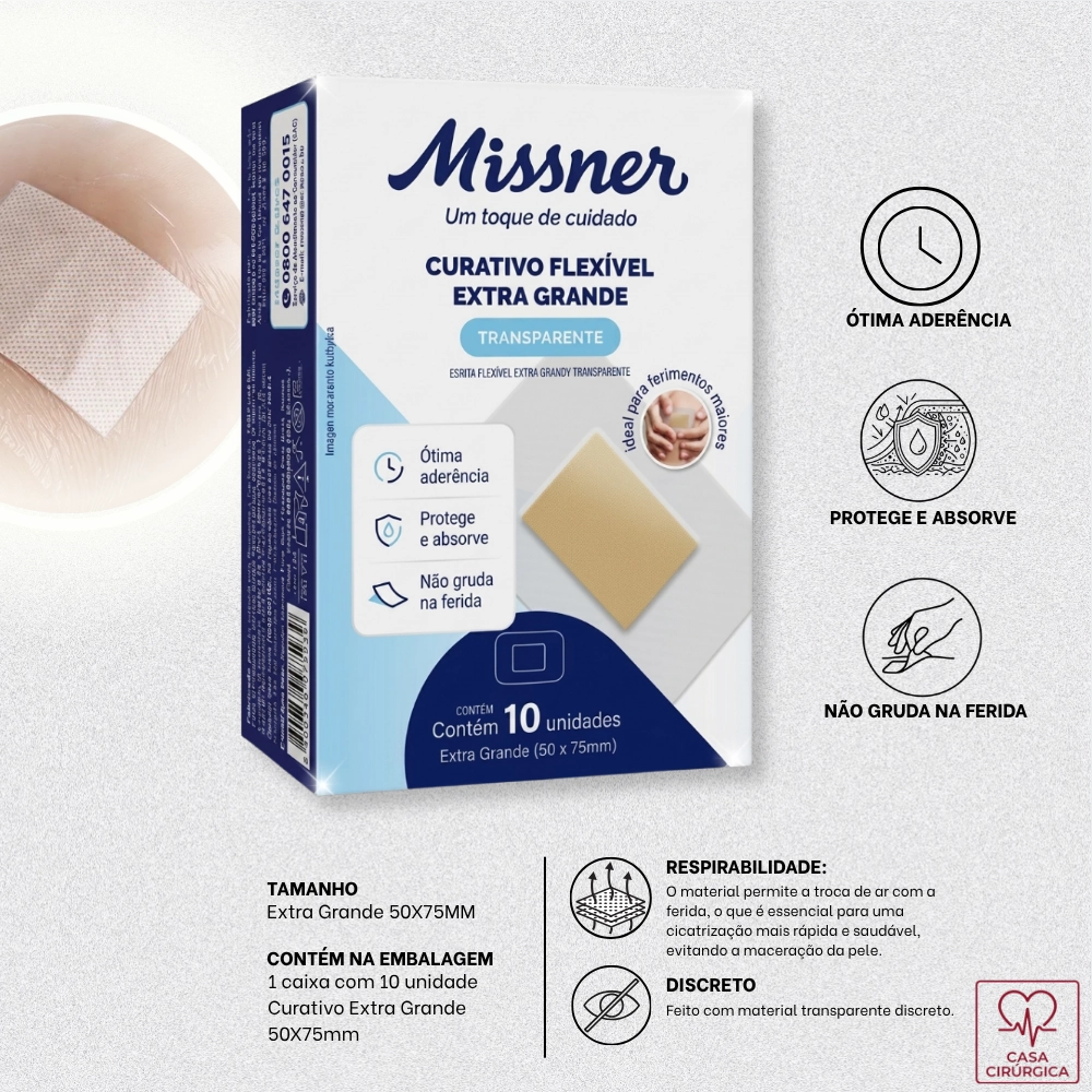Curativo Extra Grande Missner Transparente Impermeável 7,5x5cm - 10un
