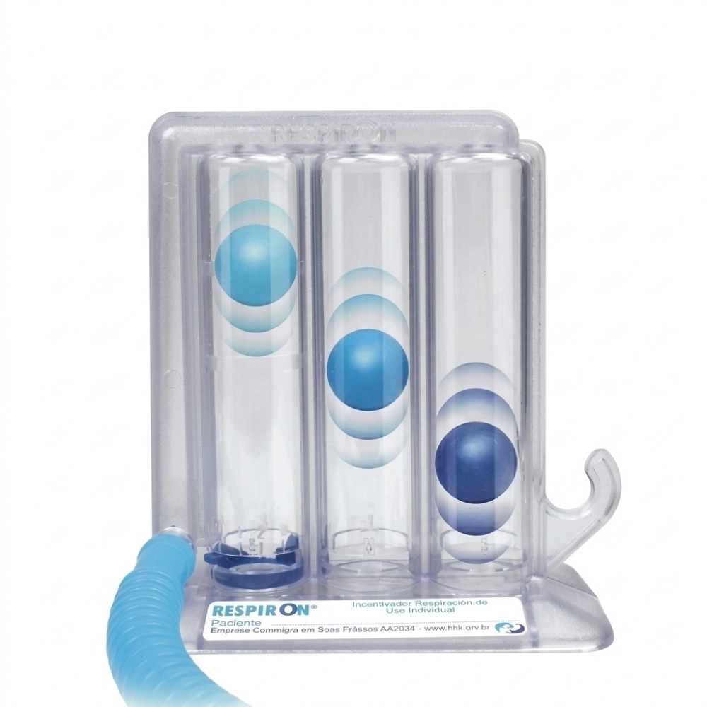 Exercitador Respiratório Respiron Classic para Fisioterapia Pulmonar, ideal para exercícios respiratórios que auxiliam no fortalecimento da musculatura respiratória e na melhora da capacidade pulmonar, indicado para fisioterapia e reabilitação respiratória.
