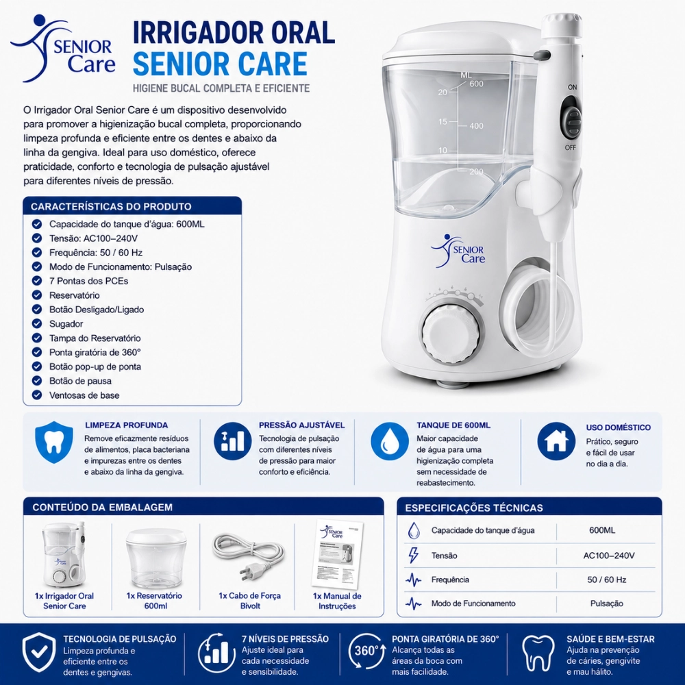 Irrigador Oral 600ml Senior Care c/ 7 Bicos - Supermedy