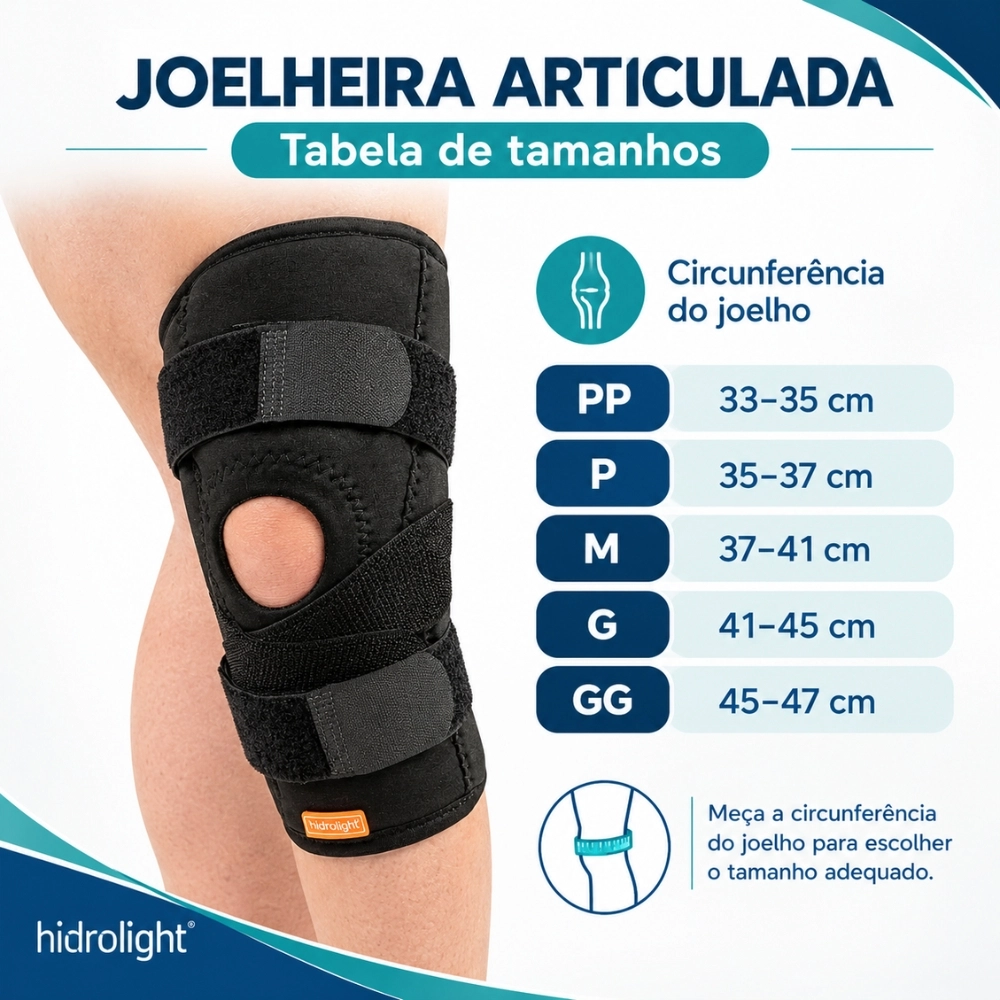 Joelheira Ortopédica Articulada Hidrolight com Cintas Cruzadas, ideal para proporcionar suporte e estabilidade ao joelho, auxiliando na proteção articular durante atividades físicas e na recuperação de lesões, com ajuste regulável e maior segurança nos movimentos.