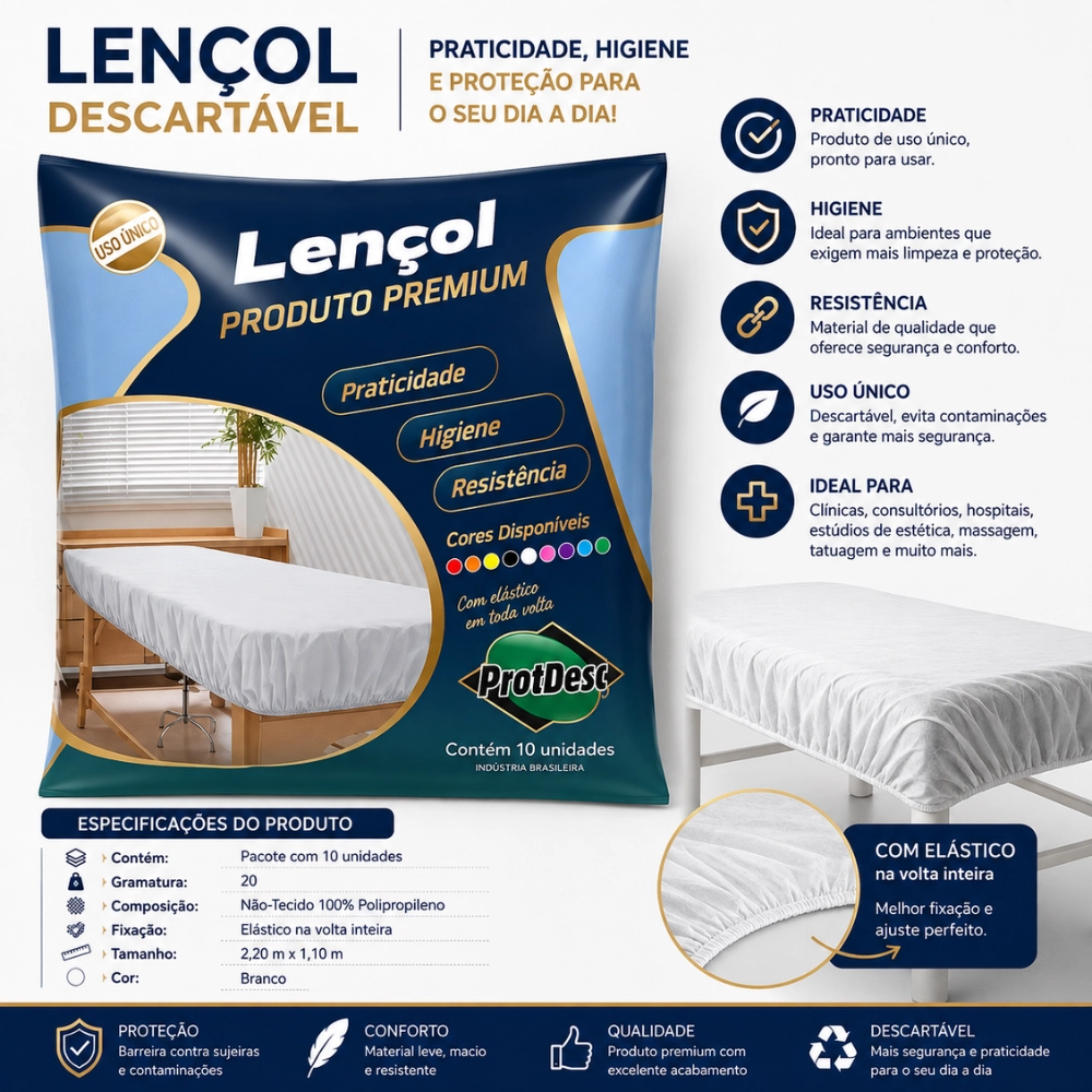 Lençol descartável branco 210x90cm com elástico Protdesc 20gr para cama de hospital e consultório