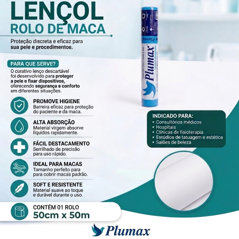Lençol Descartável para Maca Rolo 50cm x 50m - Plumax