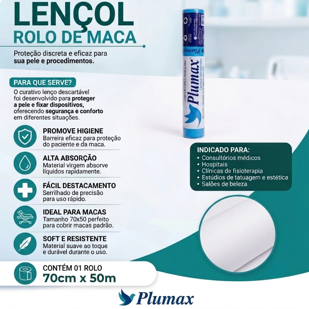 Lençol Descartável para Maca Rolo 70cm x 50m - Plumax