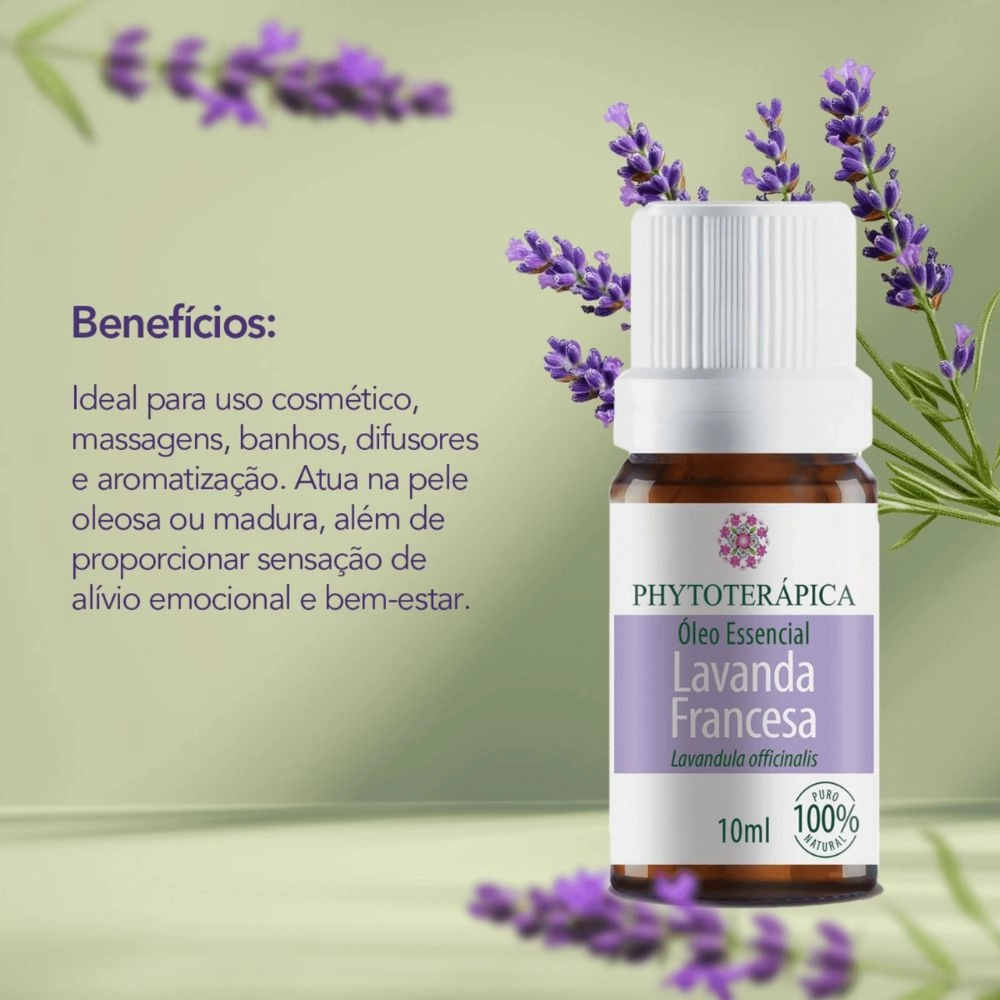 Óleo Essencial de Lavanda 10ml Phytoterápica, com aroma floral suave e relaxante, ideal para aromaterapia e momentos de bem-estar.