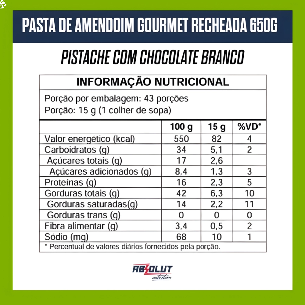 Pasta De Amendoim Gourmet Com Whey Protein Pistache Com Chocolate Branco 650g Absolut