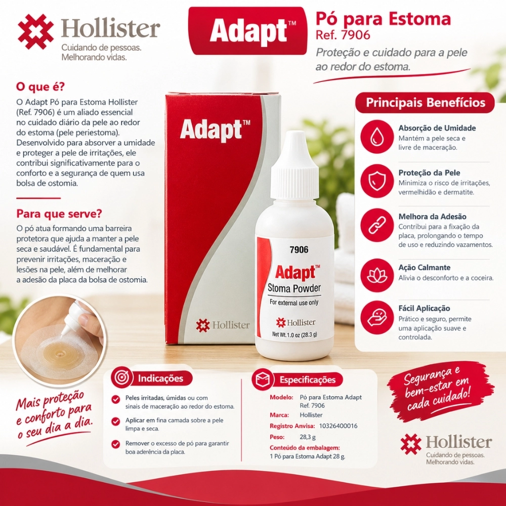 Pó para Estoma Adapt 28g Hollister, ideal para o cuidado da pele periestoma, ajudando a absorver a umidade e proteger a pele ao redor do estoma.