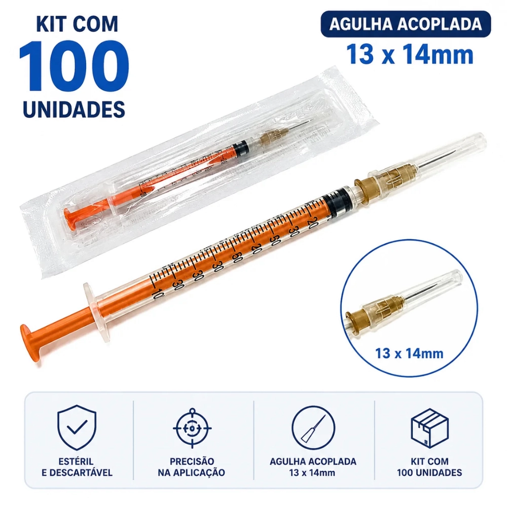 Seringa Para Insulina Com Agulha 0,45x13mm Estéril SR - Caixa 100 Uns
