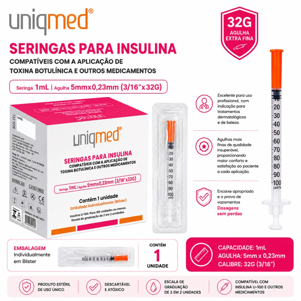 Seringa para Insulina 1ml 32G 5mm (Agulha Fixa) - Uniqmed