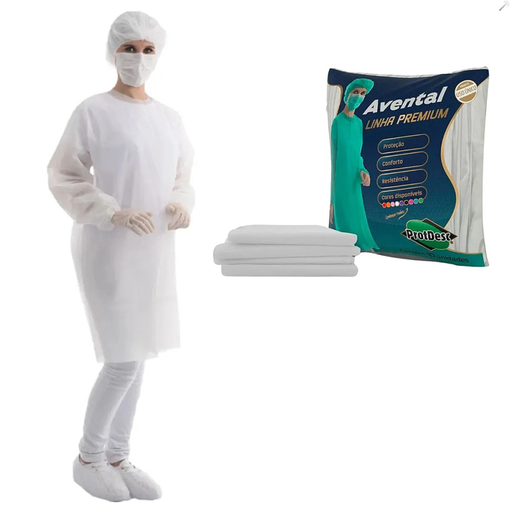 Avental Descartavel BrancoTNT Manga Longa 10 Unidades Gramatura 30 Protdesc