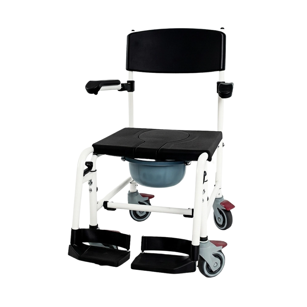 Cadeira de banho branca e preta Mobil Super Soft MBA 004 com assento e encosto acolchoados, rodas pretas e balde coletor.