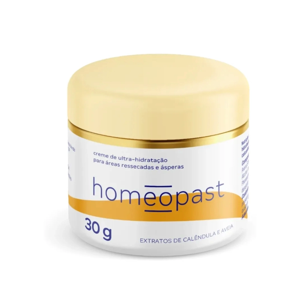 Creme Ultra Hidratante Homeopast 30g, ideal para hidratação intensiva e cuidados diários com a pele, ajudando a manter a pele macia, protegida e bem hidratada.