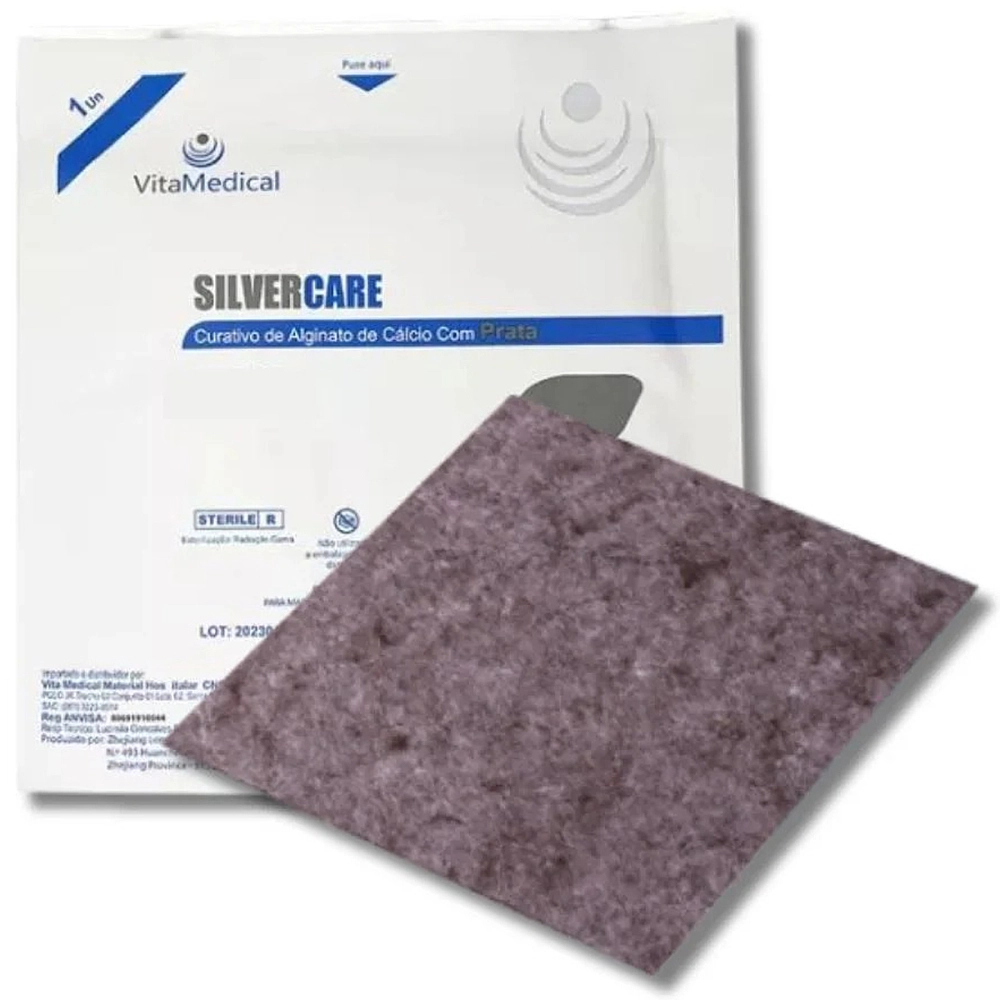 Curativo De Fibras De Alginato De Cálcio Com Prata Ação Microbiano Absorção De Exsudato Silver Care 10 x 10 CM VitaMedic