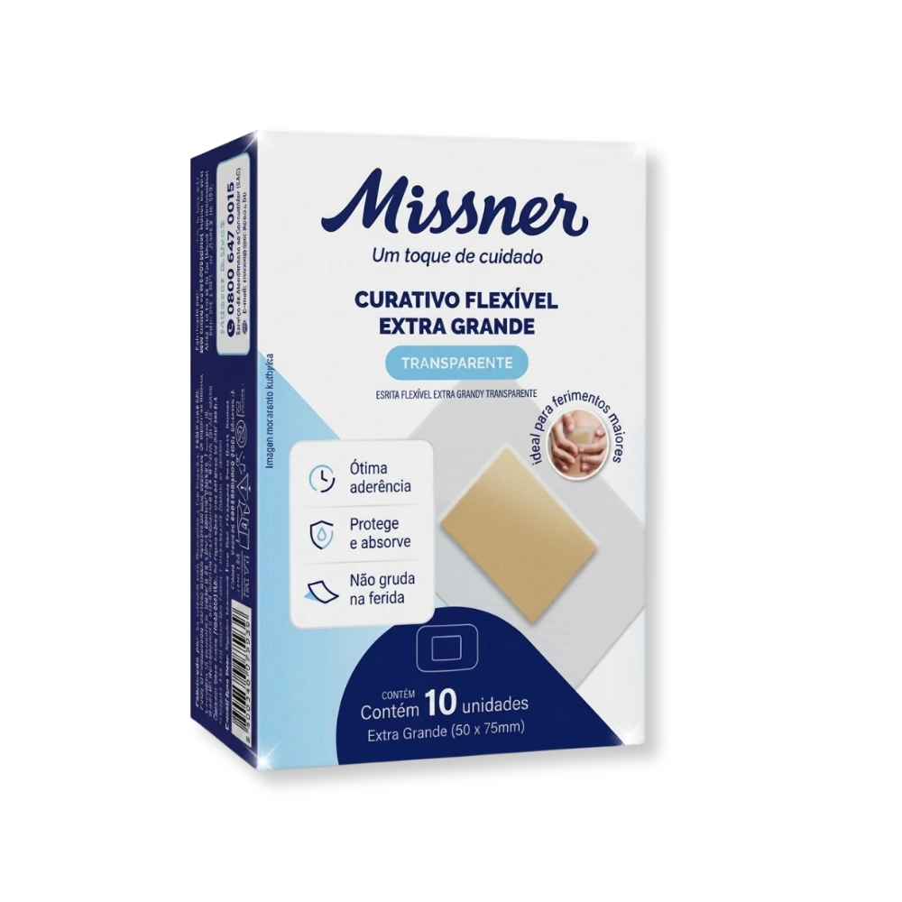 Curativo Extra Grande Missner Transparente Impermeável 7,5x5cm - 10un Curativo Extra Grande Missner Transparente Impermeável 7,5x5cm - 10un