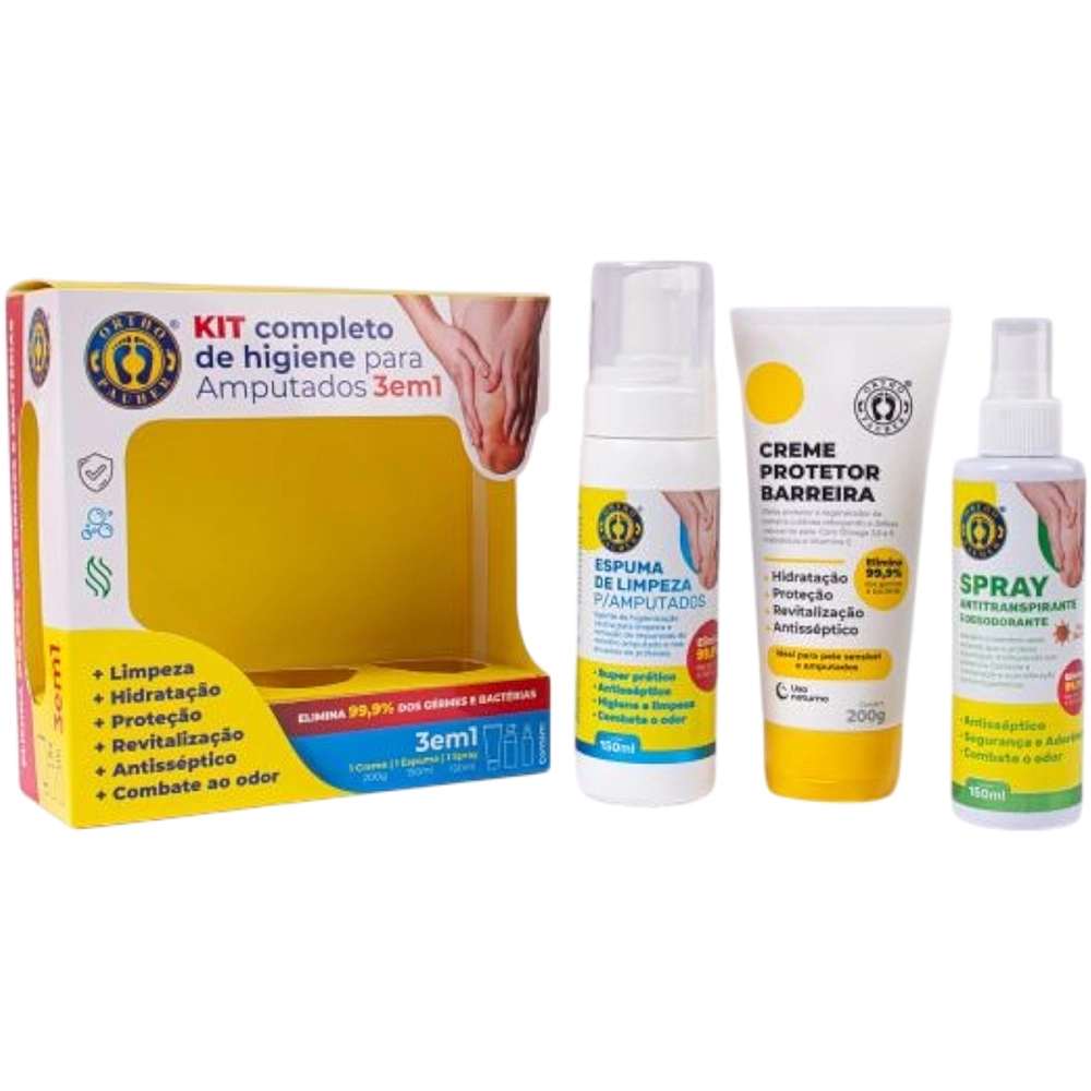 Kit De Higiene Para Amputados Pele Sensível Antisséptico Vegano Completo 3 Em 1 Spray Espuma Creme Ortho Pauher