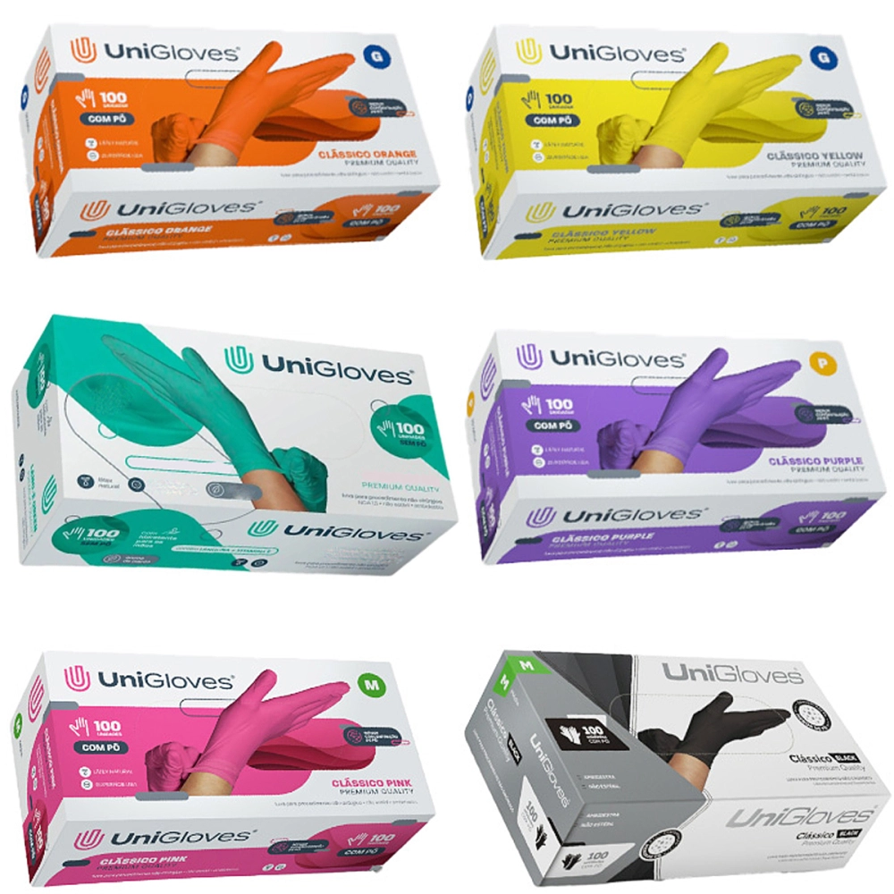 Luva Descartável Coloridas Resistente Para Procedimentos Látex Premium Com Pó Caixa Com 100 Unidades Unigloves
