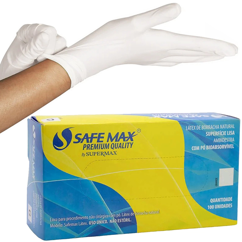 Luva Descartável Látex Para Procedimento Não Cirúrgico Lisa Com Pó Caixa Com 100 unidades Safemax