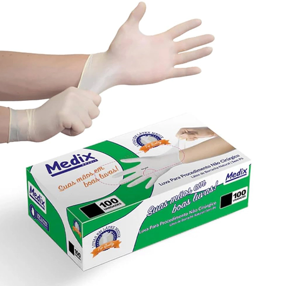 Luva Descartável Látex Para Procedimento Não Cirúrgico Lisa Sem Pó Uso Geral Branca 100 Unidades Medix