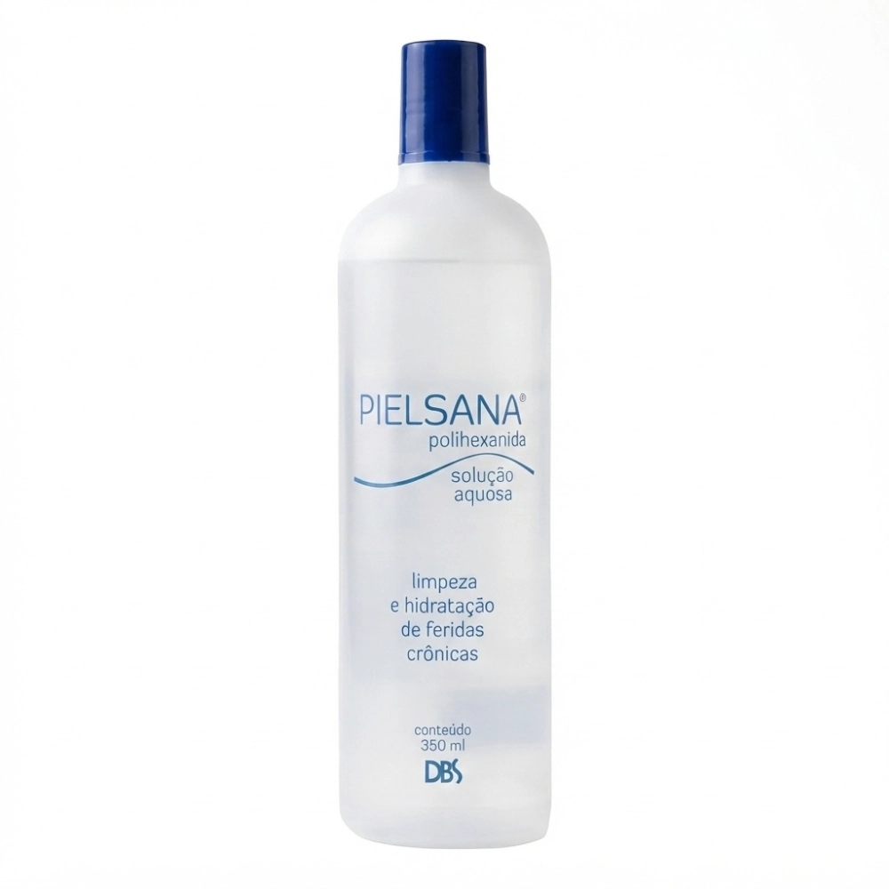 Pielsana Polihexanida Solução Aquosa com PHMB 350ml DBS, indicada para limpeza, hidratação e cuidado de feridas, auxiliando na descontaminação e manutenção da pele.