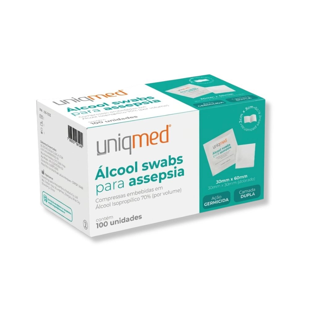 Swab de Álcool 70% Lenço de Assepsia 100 Unidades Uniqmed