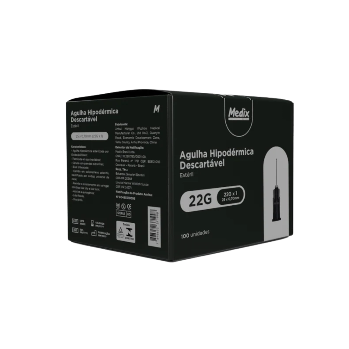 Agulha Hipodérmica 30 x 0,70mm 22G Preta Descartável 