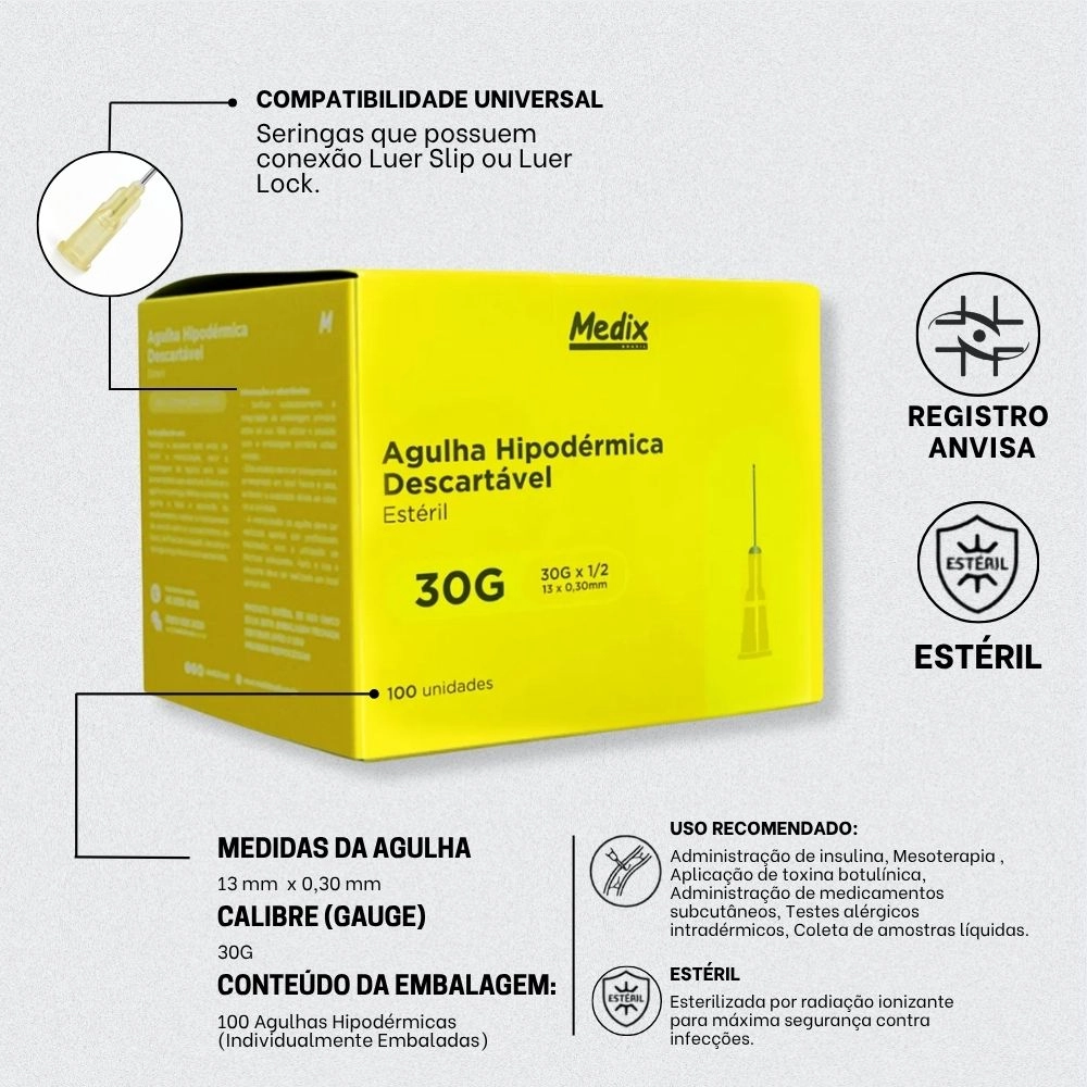 Agulha Hipodérmica Estéril 13 x 0,30 mm 30G Amarela Medix