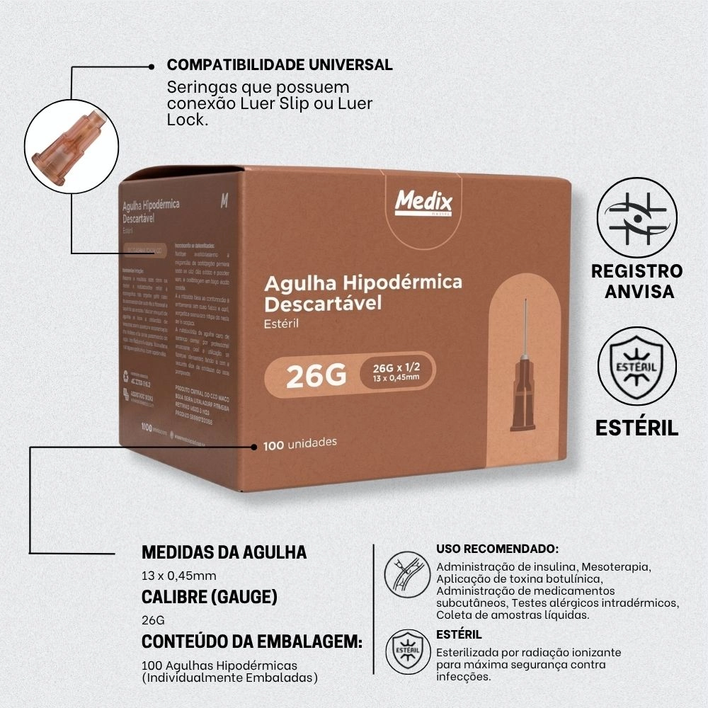 Agulha Hipodérmica Estéril 13 x 0,45 mm 26G Marrom Medix