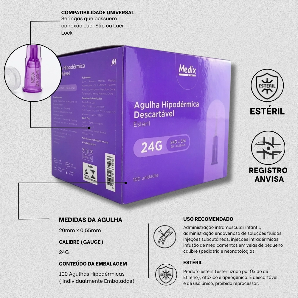 Agulha Hipodérmica Estéril 20 x 0,55 mm 24G Roxa Medix