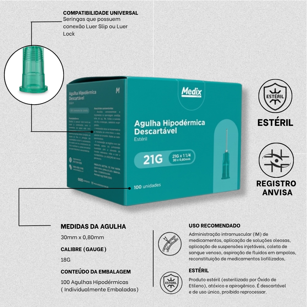 Agulha Hipodérmica Estéril 30 x 0,80 mm 21G Verde Medix
