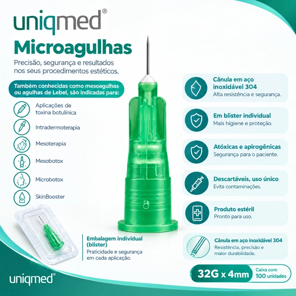 Agulha Lebel Mesoterapia 32g 0,23mmX4mm Microagulha Unidade Uniqmed 