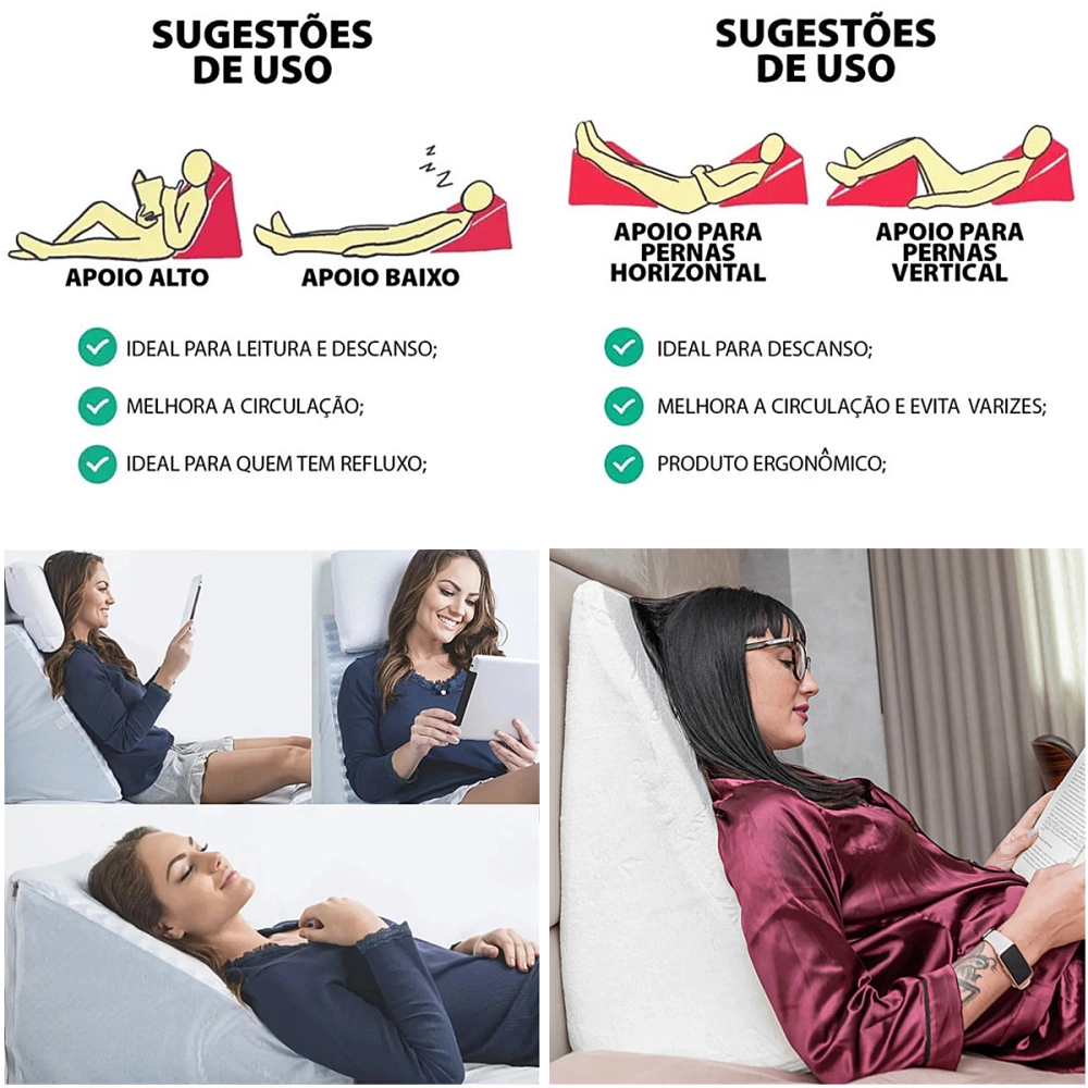 Almofada Espuma Encosto Triangular Multiuso Anti Varizes Pós Operatório Amamentação Refluxo Postura Ortopédico Cervical Lombar + Capa Natural Home Care