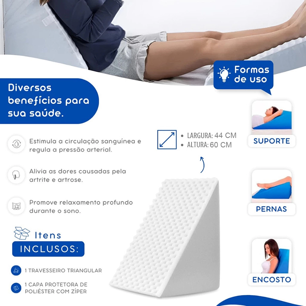 Almofada Espuma Encosto Triangular Multiuso Anti Varizes Pós Operatório Amamentação Refluxo Postura Ortopédico Cervical Lombar + Capa Natural Home Care
