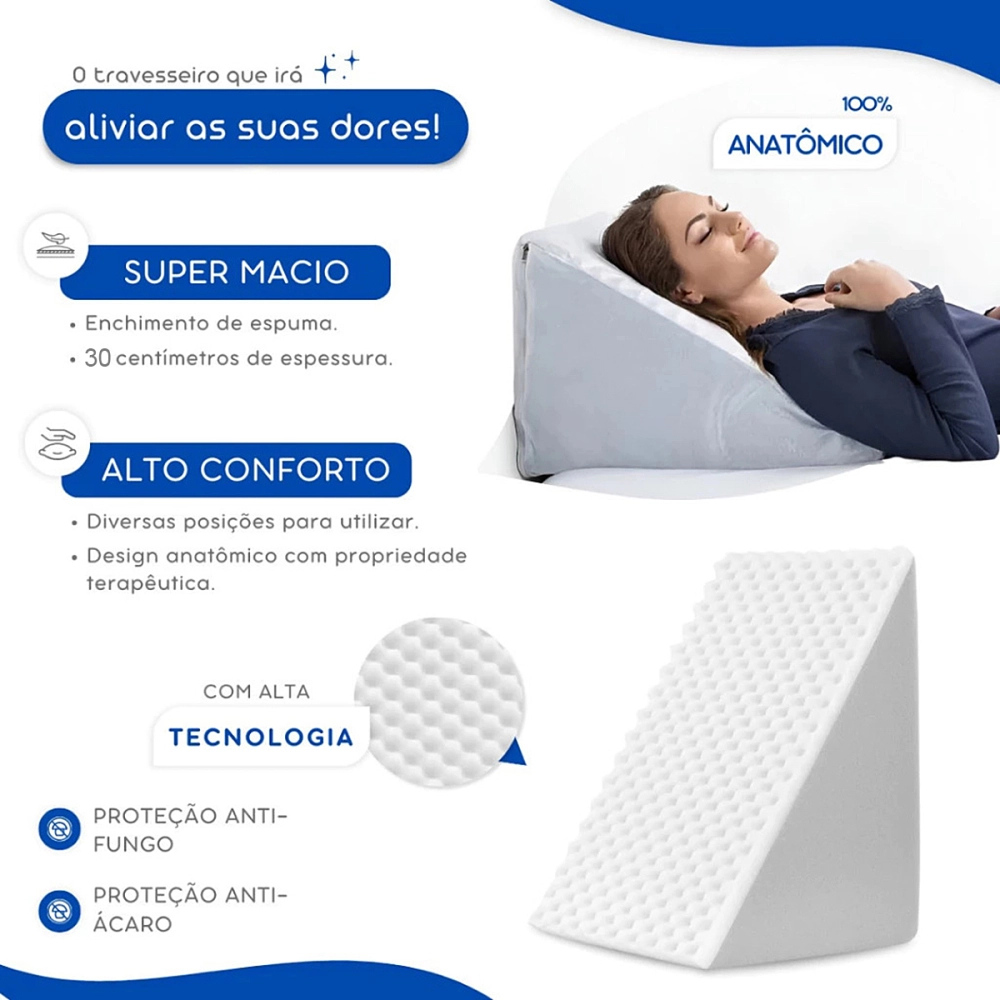 Almofada Espuma Encosto Triangular Multiuso Anti Varizes Pós Operatório Amamentação Refluxo Postura Ortopédico Cervical Lombar + Capa Natural Home Care