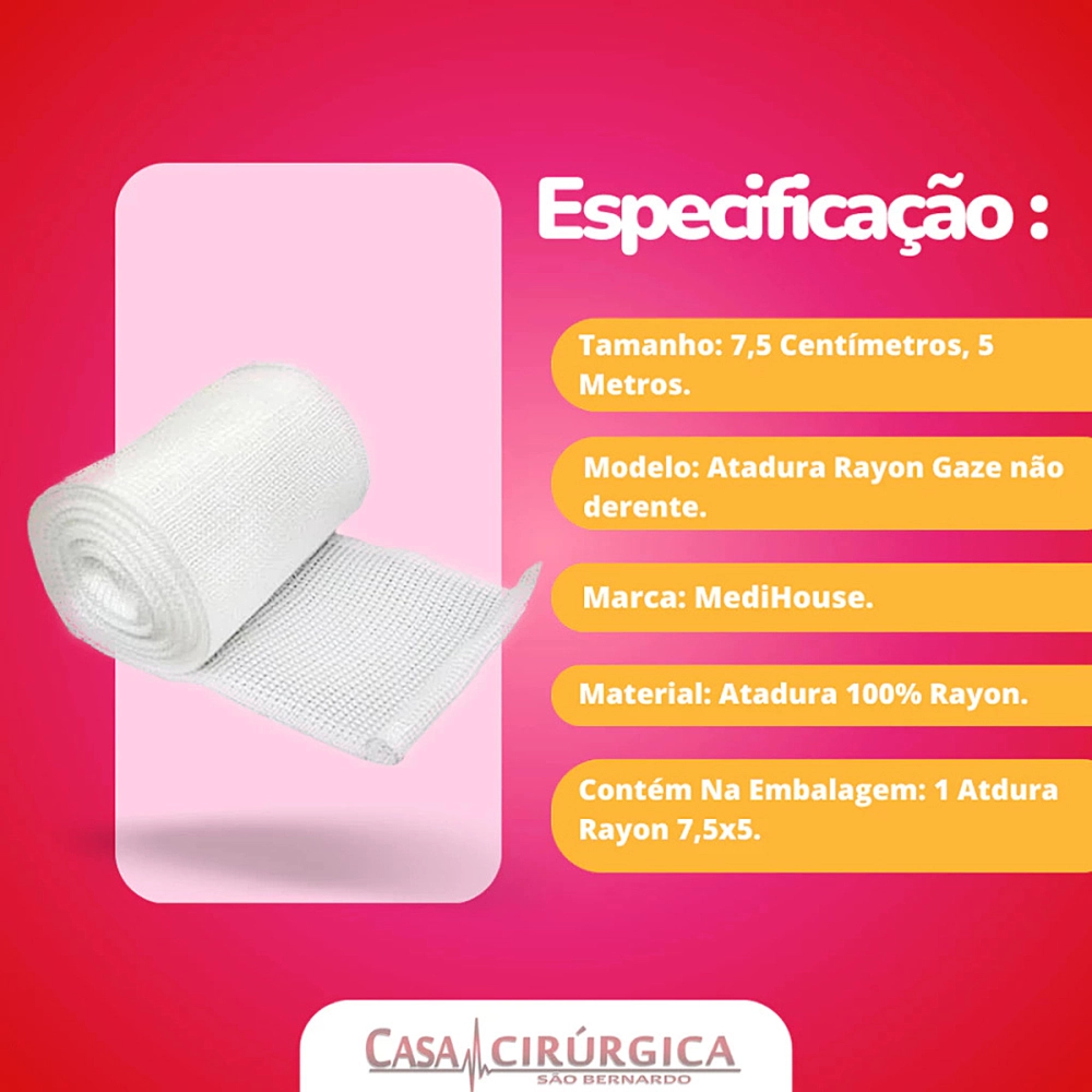 Atadura Rayon 7,5x5 Gaze Não Aderente Estéril MediHouse 100% Rayon