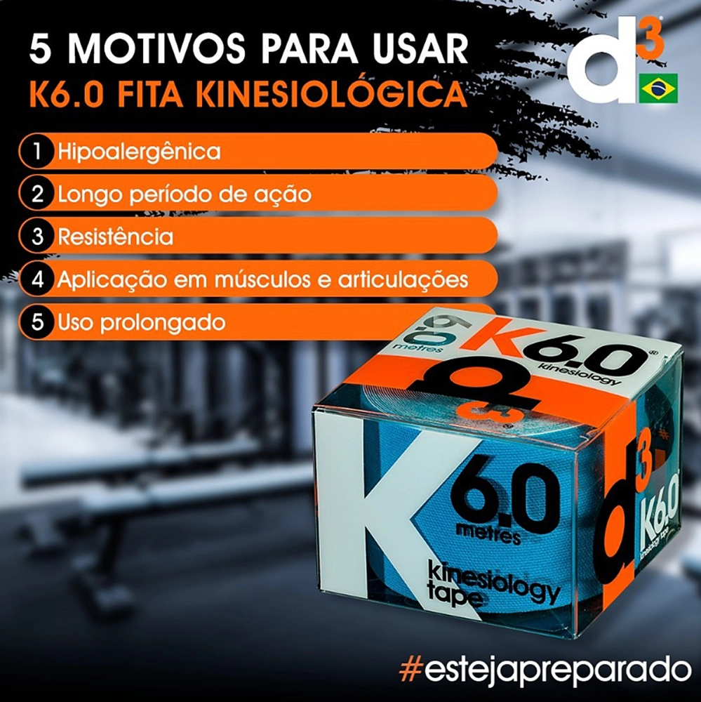 Bandagem Fita Rolo Elástica Adesiva Autoaderente Funcional Kinesiológica Premium K6.0 Esportiva 5 CM x 6 M D3 Tape      