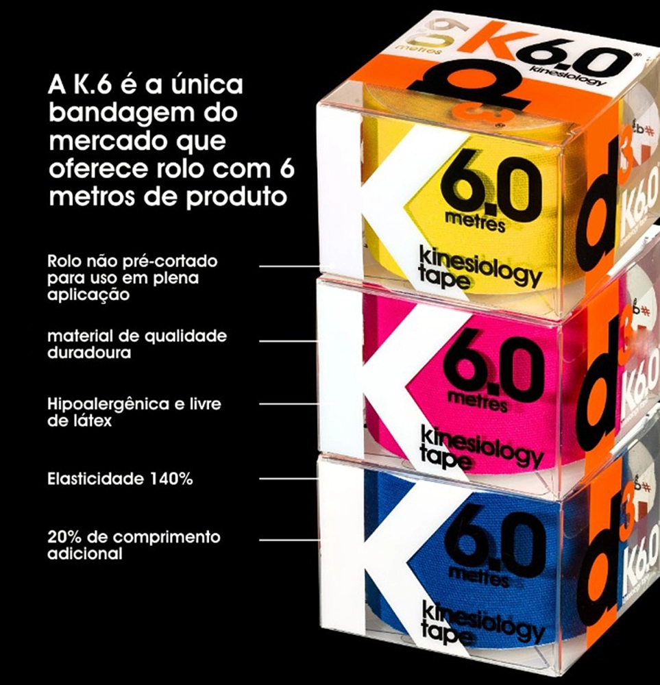 Bandagem Fita Rolo Elástica Adesiva Autoaderente Funcional Kinesiológica Premium K6.0 Esportiva 5 CM x 6 M D3 Tape      