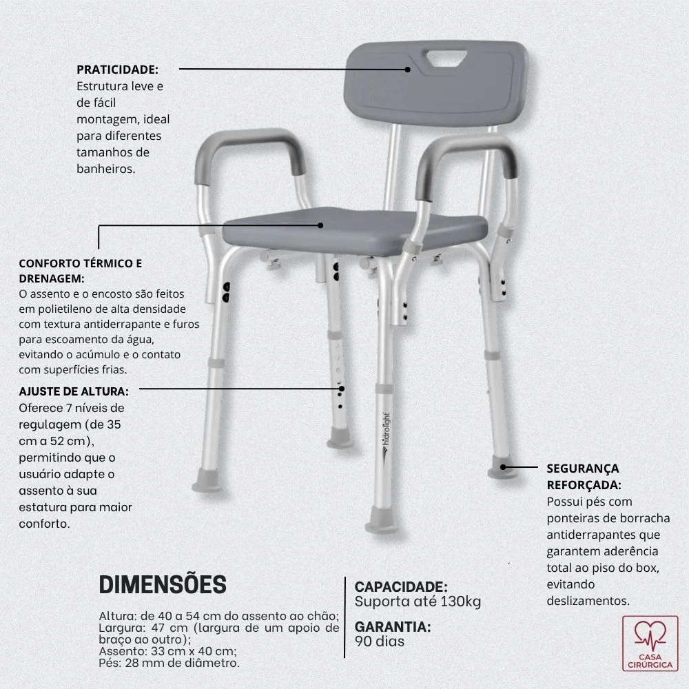 Banqueta Para Banho Com Encosto de Alça 130kg Hidrolight