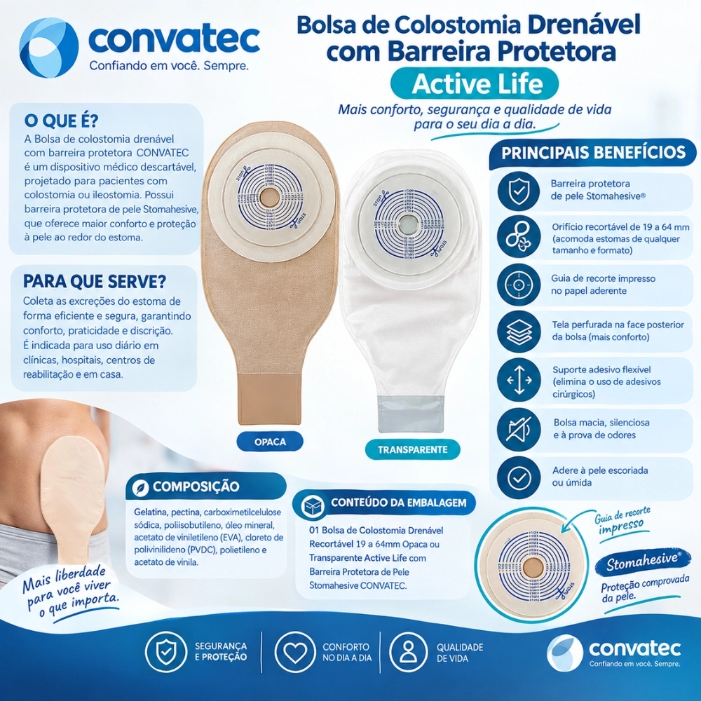 Bolsa de Colostomia Ileostomia Drenavel Recortável Opaca Convatec 