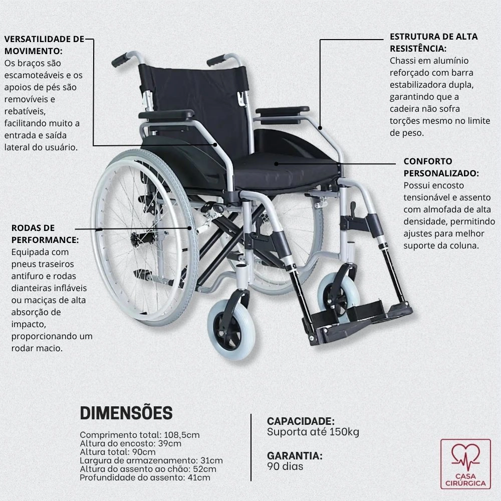 Cadeira de Rodas 150kg Premium Aluminio Hidrolight 