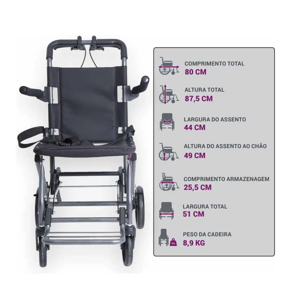 Cadeira de Rodas de Transporte Dobrável 100kg Hidrolight