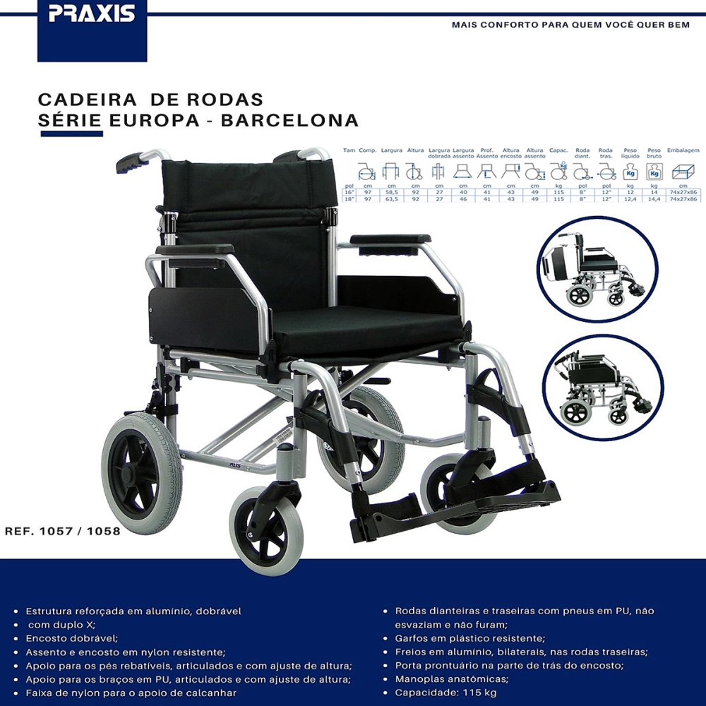 Cadeira de Rodas Dobravel Ajustavel Regulavel em Aluminio até 115 Kg Modelo Barcelona Praxis